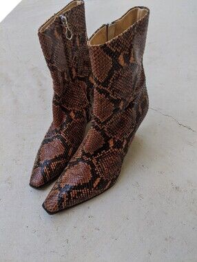 AEYDE Orange And Black Snakeskin Pointy Square Toe Ankle Wedges